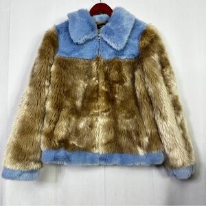 Majorelle Coat Faux Fur Lined Womens XS Winter Luxury Warm City Chic Blue Tan